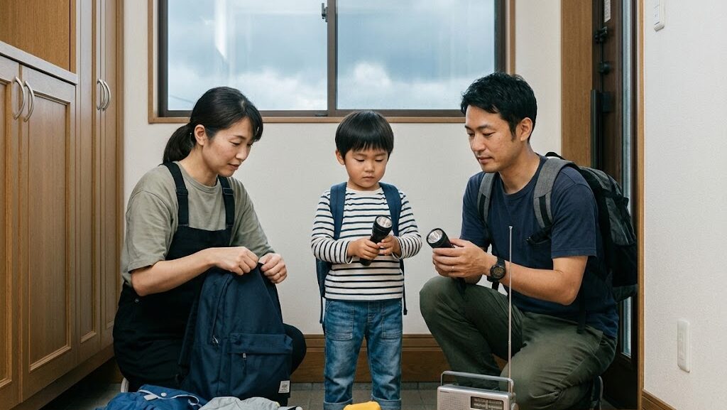 日本人家族が大雨に備えて避難準備をする実写風イメージ|線状降水帯の防災対策 HIH