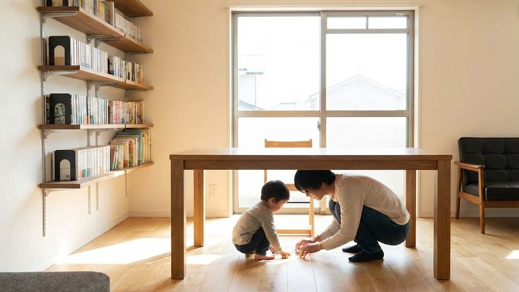 家具から離れた安全な場所で頭を守り地震の揺れに備える室内の様子