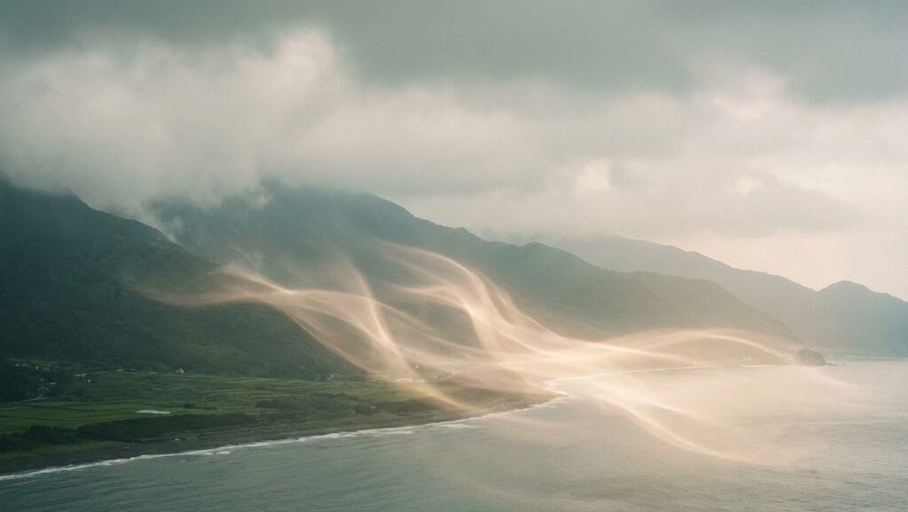 日本の山・海・平野で発生しやすい線状降水帯を象徴する風景イメージ|防災士解説 HIH