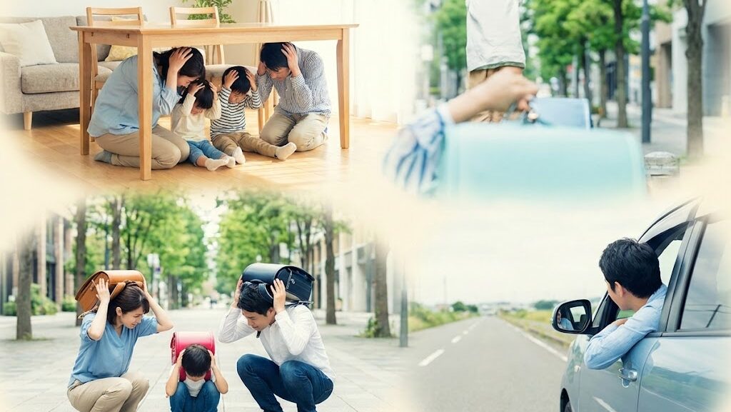 地震発生時に家の中や屋外、車内など場所ごとに身を守る行動を取る人々の様子