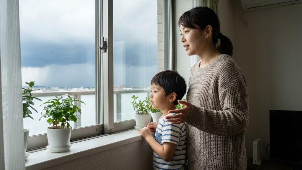 線状降水帯を家族で見上げる防災イメージ|早期避難の重要性 HIH