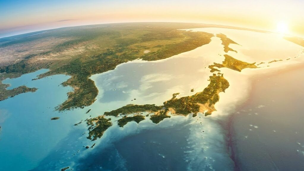 日本列島が大陸から分かれて現在の形になるまでの歴史を感じさせる地形変化の実写風イメージ