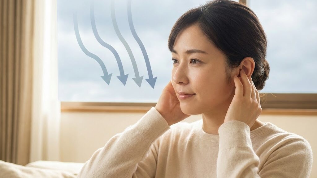 日本人女性が耳周りをマッサージする様子と、背景に気圧変化を抽象的に表現した実写風イメージ。天気痛の説明用。