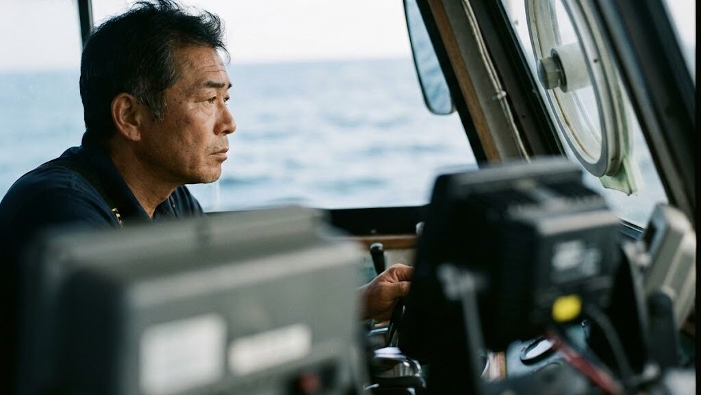 津波情報をもとに出港を中止するか判断する船長の様子