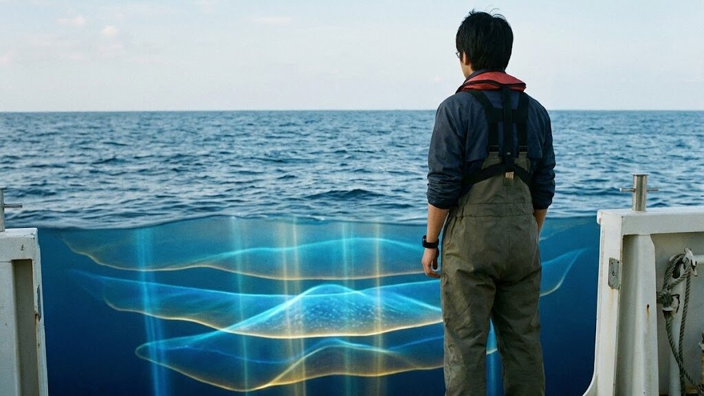 広い海を前に、地球深部のマントルを目指した人類の挑戦に思いをはせる人物の後ろ姿