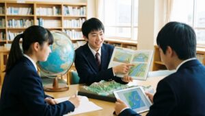 中学生が洪水について話している様子