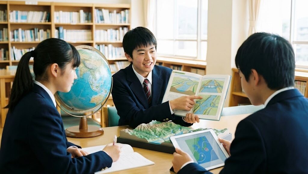 中学生が洪水について話している様子
