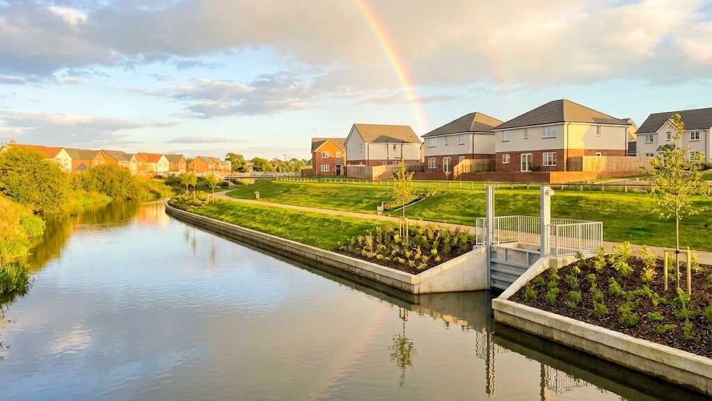 災害後の回復や備えを連想させる穏やかな川と住宅地の実写風イメージ