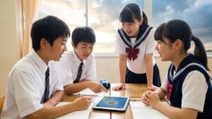 中学生が台風が来るとどうなるか考えている様子