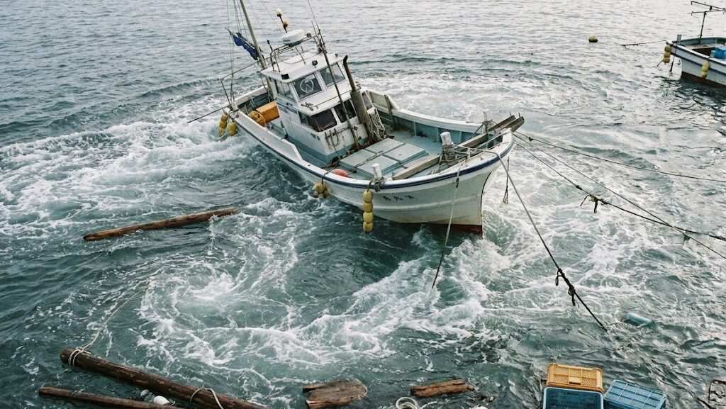 港の中で津波の強い流れにより船が制御しにくくなる状況