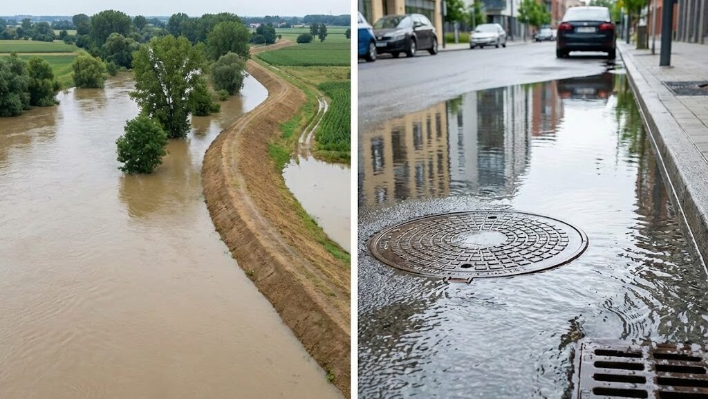 堤防付近の濁流と都市の道路冠水を左右に並べて比較した実写風イメージ