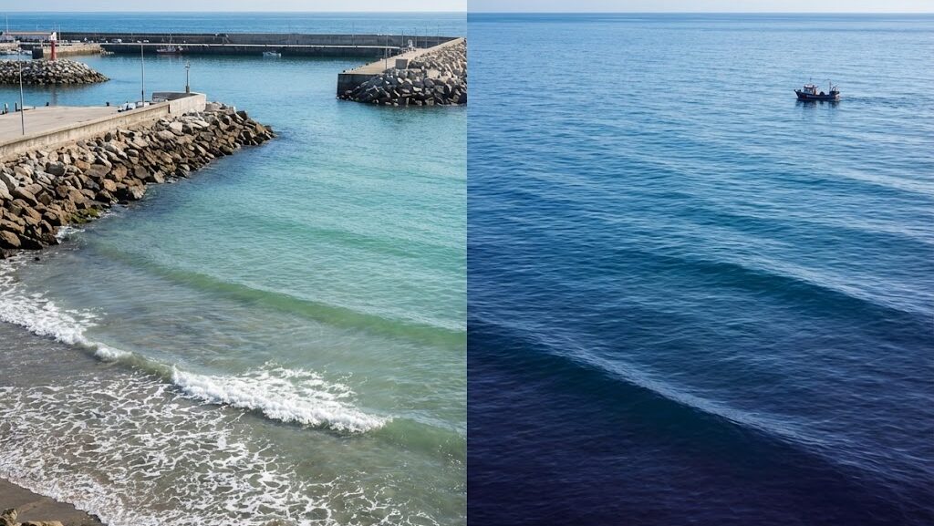 沖合の深い海と港内の浅い海で、津波の高さや動きが大きく変わる様子