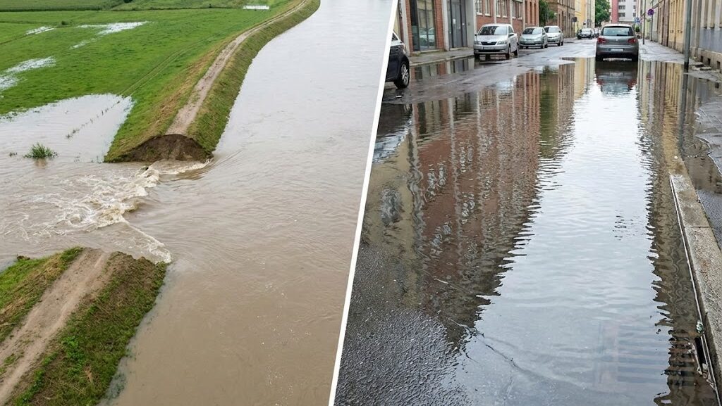 川の増水による外水氾濫と都市部の冠水による内水氾濫を対比的に示す実写風イメージ