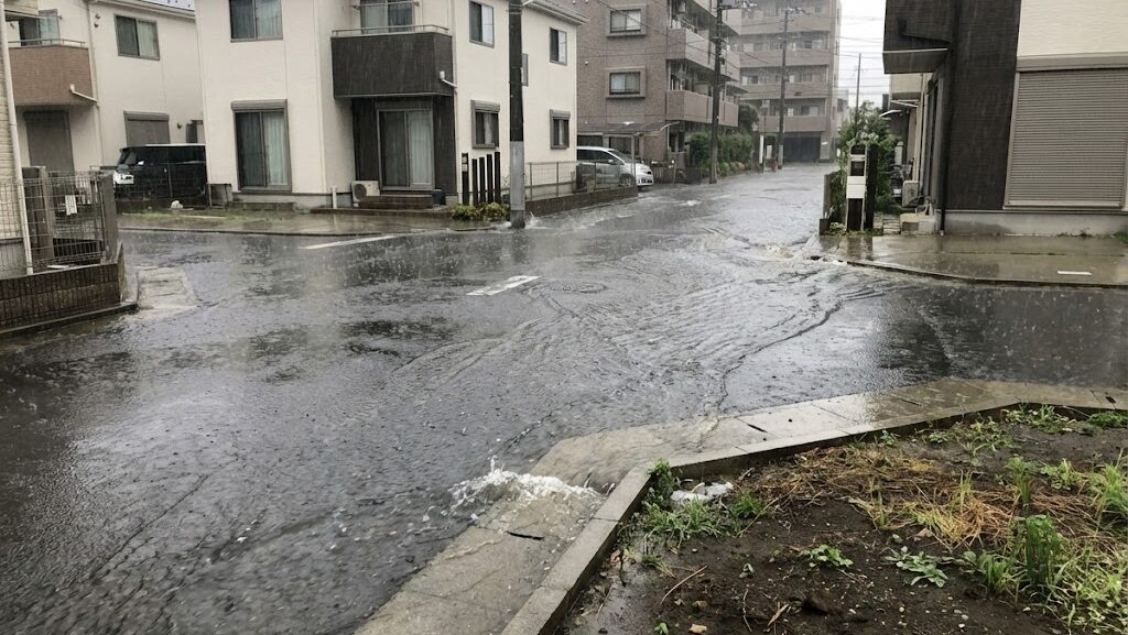 雨水が舗装された都市の地面を流れ、浸透しにくい環境を象徴的に表現した実写風イメージ