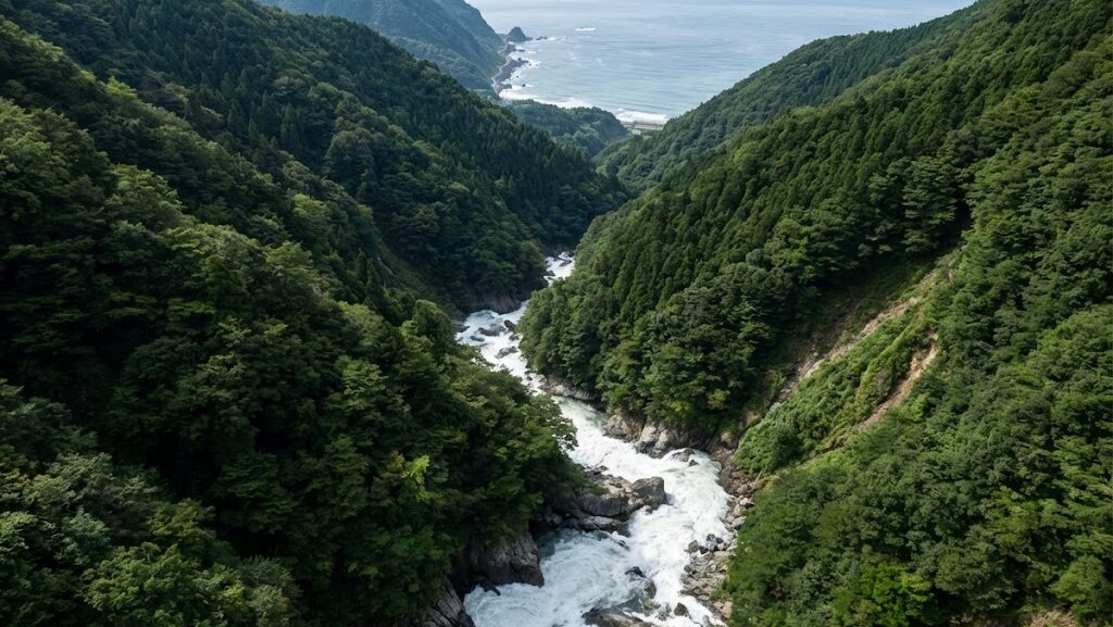 急峻な山から海へ向かって勢いよく流れ下る川の特徴を示した実写風の自然風景イメージ