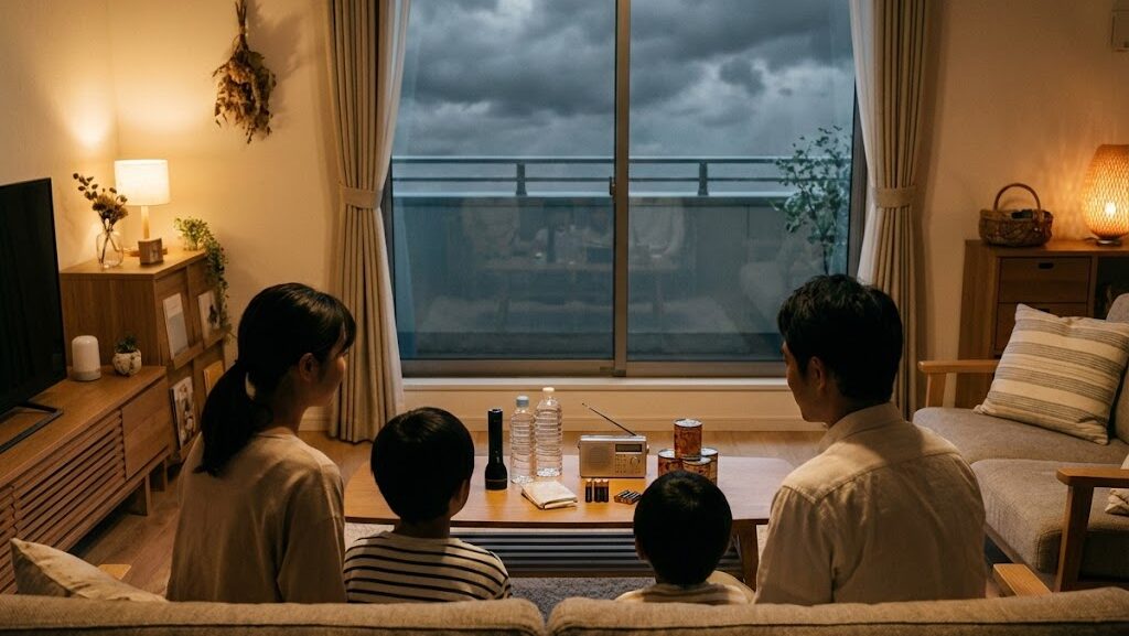 リビングで防災用品を確認する日本人家族の後ろ姿。窓外のどんよりした空と家庭内の備えを表現した実写風防災イメージ。