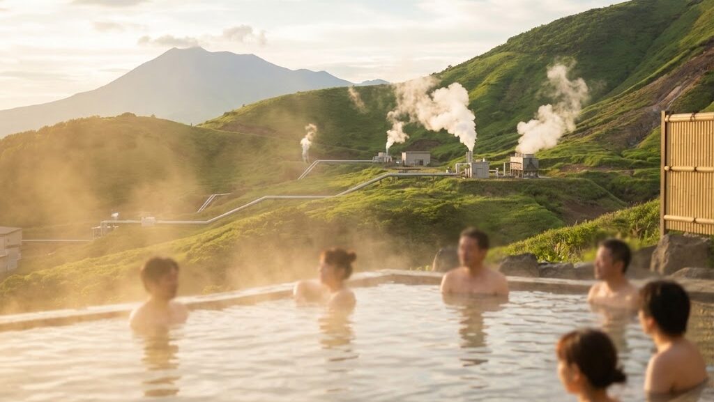 山あいの露天風呂と地熱発電設備を組み合わせた、火山の恵みを表す実写風の風景画像
