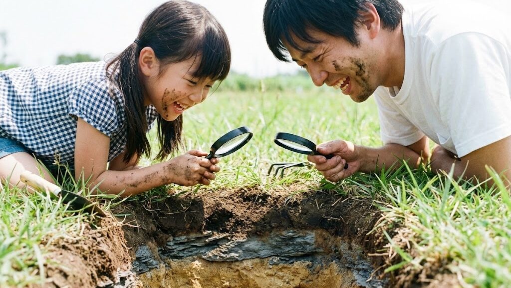 地面の断面をのぞき込み、掘削によって地球内部を調べる方法を体験している親子