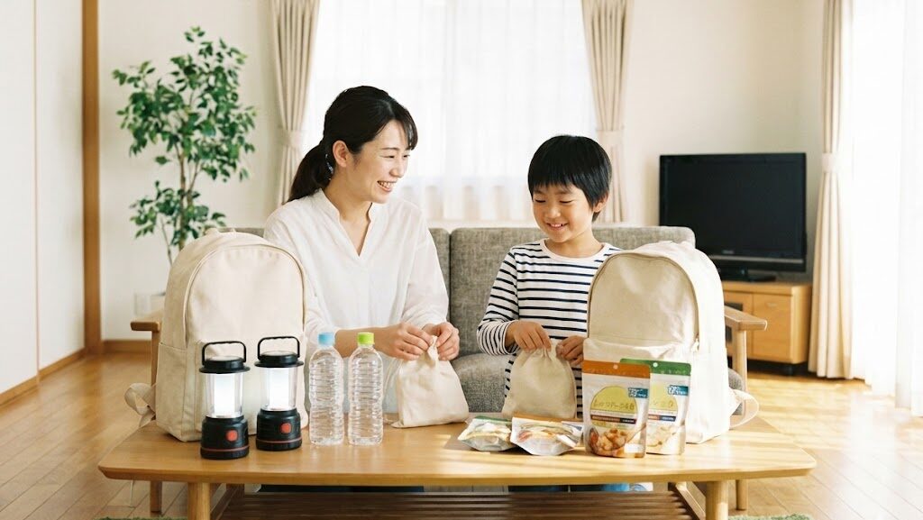 リビングで防災リュックや水を準備する家族。具体的な防災対策を家庭で進める様子