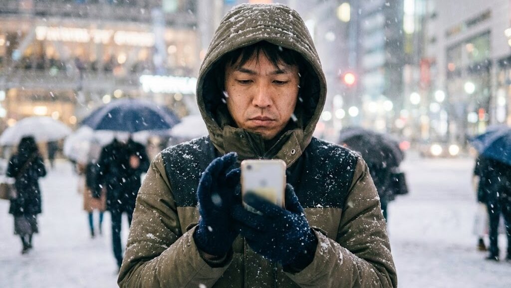 大雪の中で天候情報を確認し行動判断をする日本人の様子