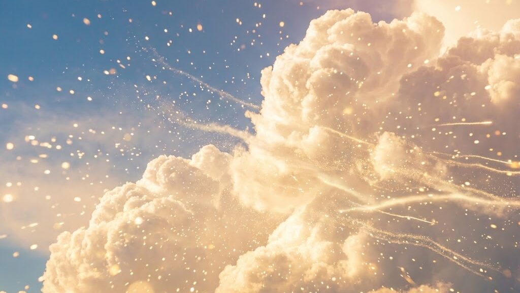 水蒸気を多く含んだ暖かい空気と積乱雲が発達する様子を科学的に表現した実写風イメージ