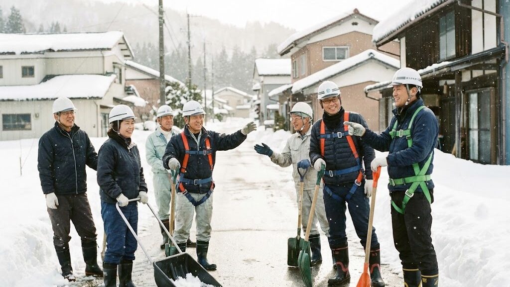 複数人で安全に除雪作業を行う日本の冬の生活風景