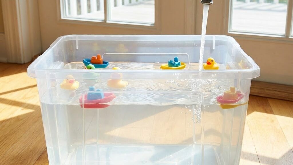 浴槽の水があふれそうになる様子で洪水の仕組みを比喩的に表現した実写風イメージ