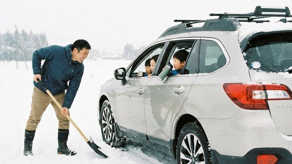 大雪で車が動けなくなった際に落ち着いて状況を確認する日本人家族