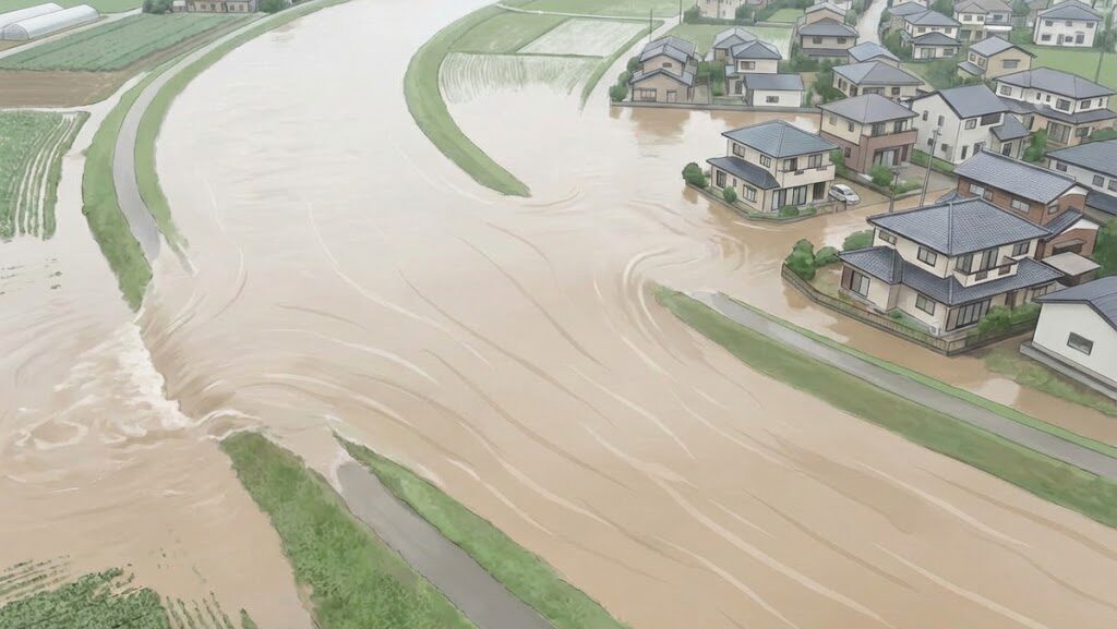 大雨で川の水位が上昇し、住宅地へ水が広がり始める様子を俯瞰で捉えた実写風イメージ