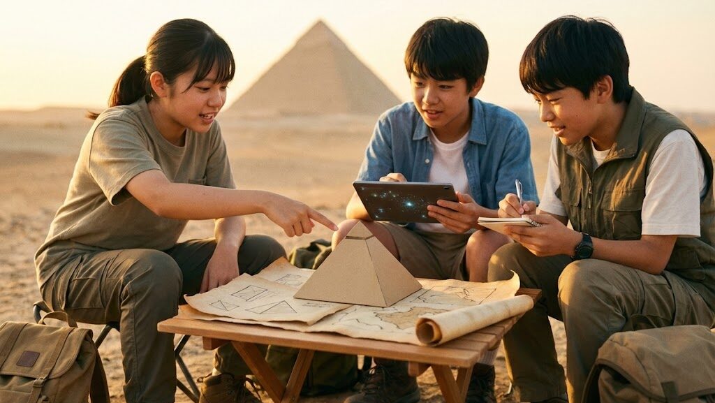 中学生がピラミッドについて話し合っているところ