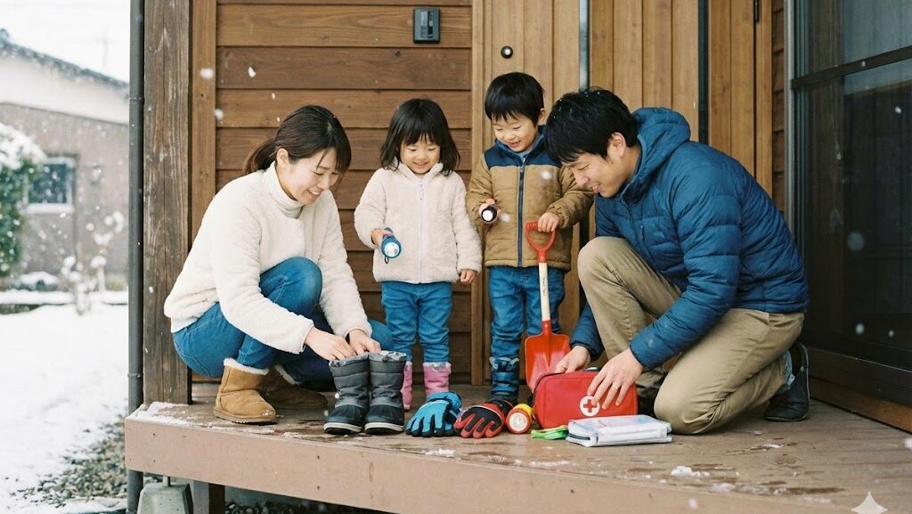 大雪に備えて家庭で準備を進める日本の家族の様子