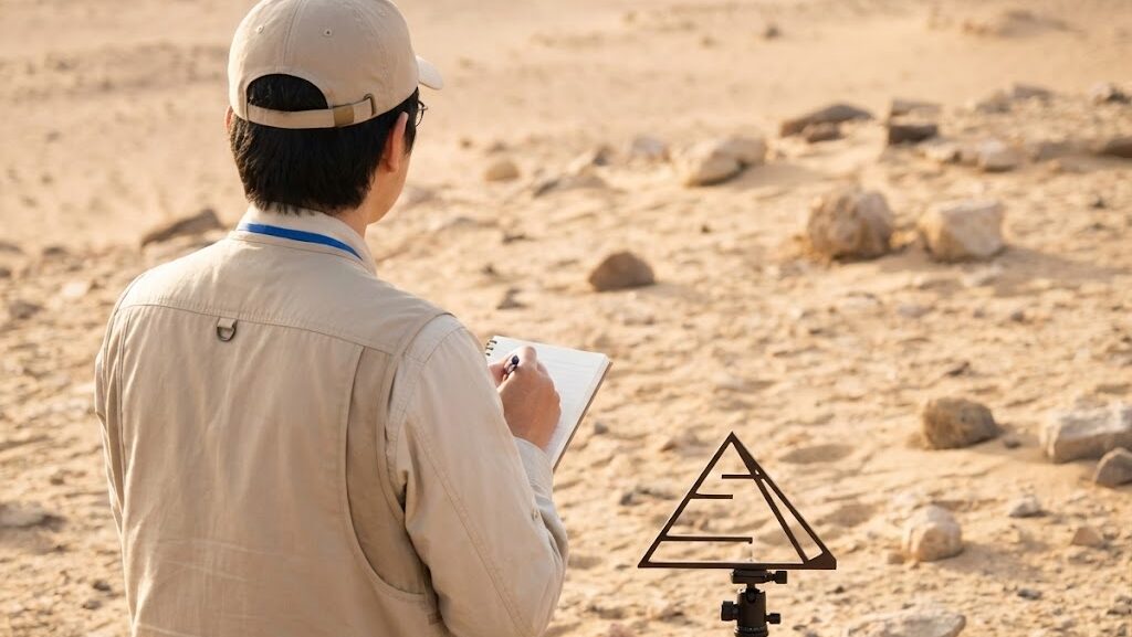 日本人の防災士が砂漠で地形や石の配置を観察しながら考察する様子を描いた実写風イメージ。