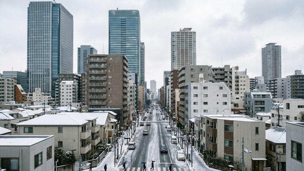 少量の積雪でも影響を受けやすい都市部の雪の日の街並み