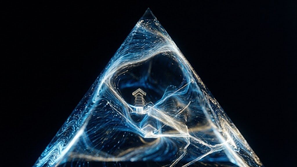 ミューオン透視をイメージし、光の粒子がピラミッド内部の空洞を浮かび上がらせる実写風イメージ。