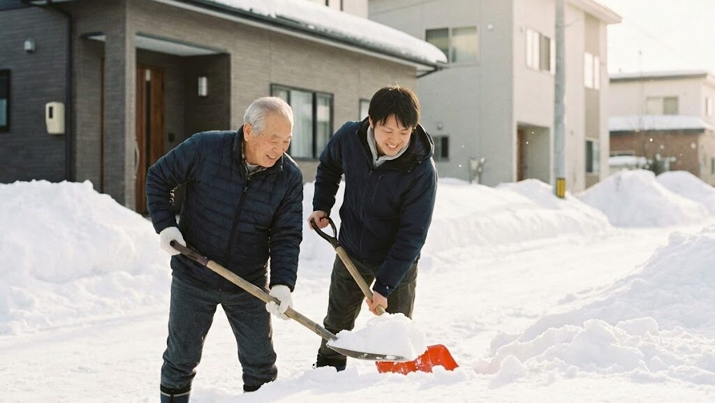 平成以降の豪雪で除雪作業に追われる日本の住宅街の様子
