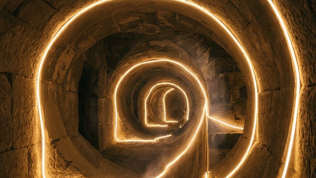 内部に続く螺旋トンネルを光のラインで描いた実写風イメージ。ピラミッド内部構造の説を象徴的に示す