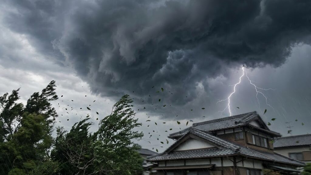 暗い積乱雲と雷光、強風で揺れる木々を写した実写風の嵐の光景。台風中心付近の急激な天候悪化を示すイメージ。