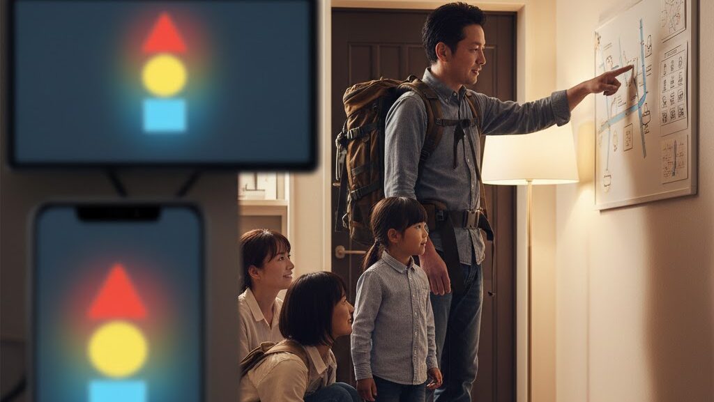 日本人家族が玄関で避難準備を行い、警戒レベルの抽象アイコンを確認する実写風の構図