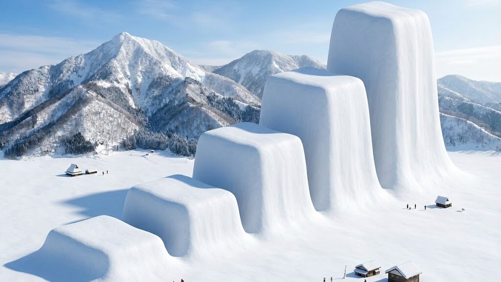 日本の山間部と平野部で非常に深く積もった雪の様子を比較できる風景