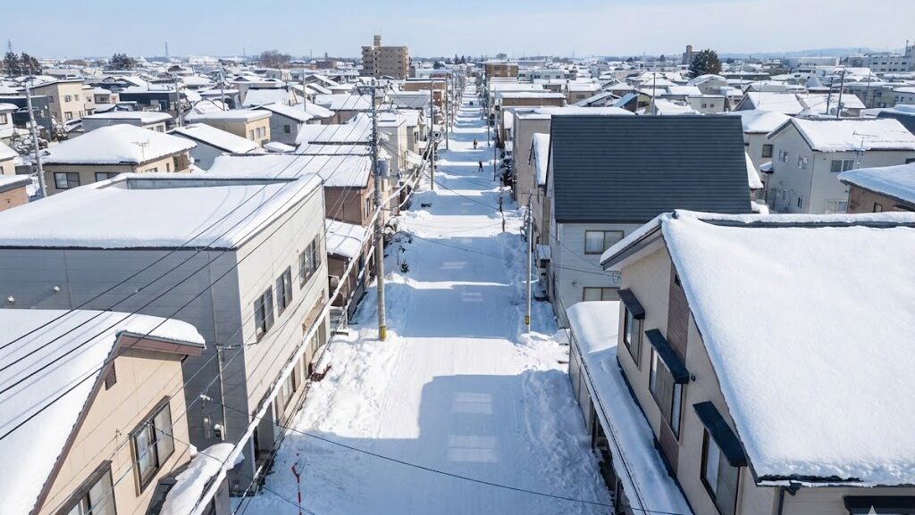 過去の大雪災害を想起させる雪に覆われた日本の町並みの様子