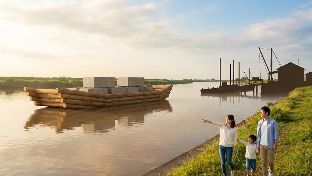 ナイル川を使って石材を輸送する様子を抽象化した実写風イメージ。木製の船と川辺の港湾が見える穏やかな風景。