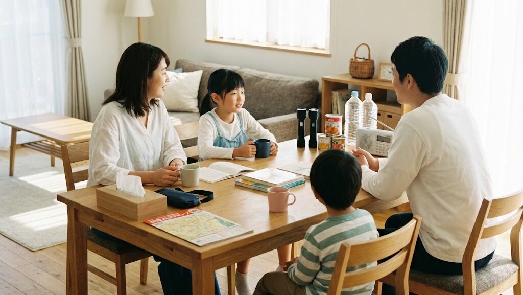 自宅で家族が話し合う様子から、日本の大地震の歴史を防災行動に活かす大切さを伝える生活シーン
