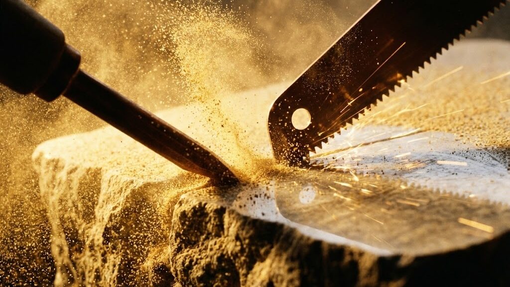 銅の工具と硬い砂を使って石を研磨・切断する古代技術を象徴する実写風イメージ。砂の粒子が光に反射する様子。