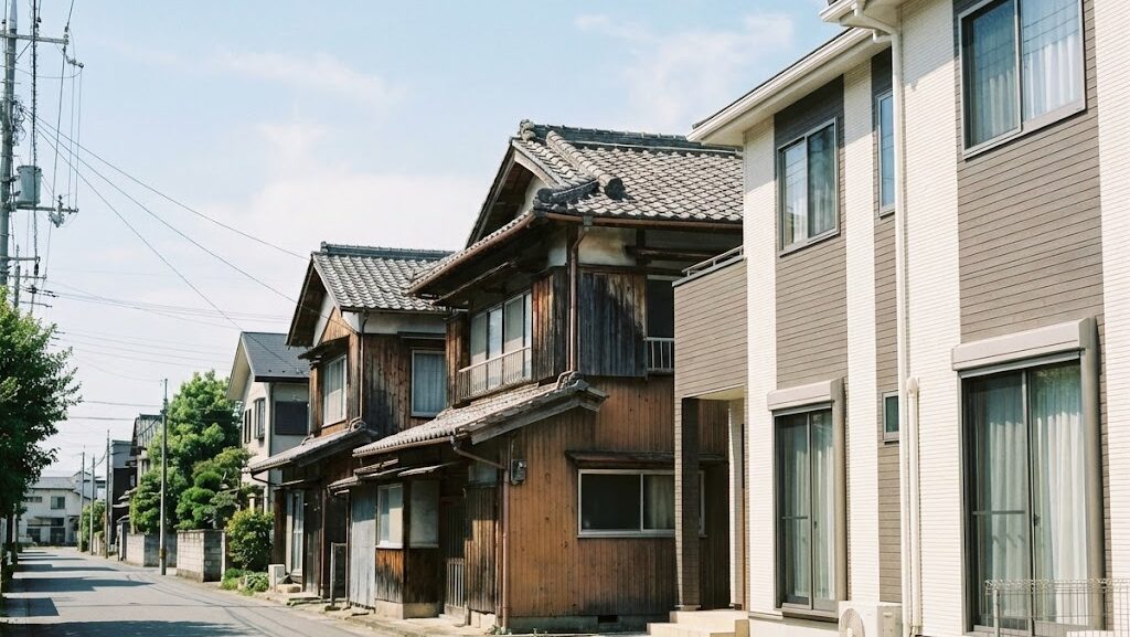 新旧の住宅が並ぶ日本の住宅街を通して、耐震基準の変遷と法改正の歴史を表現した実写風イメージ