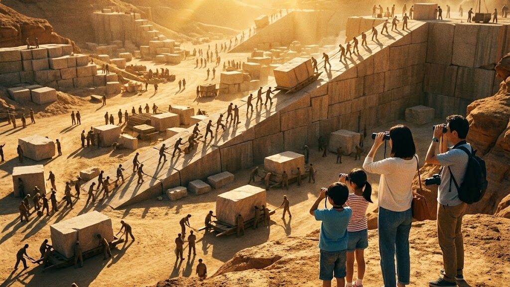 多くの労働者が協力して作業する建設現場を抽象的に表現した実写風イメージ。ピラミッド建設の規模を表す。