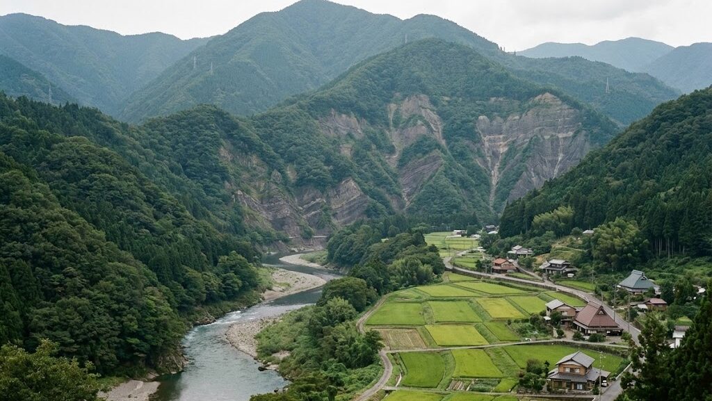 穏やかに見える日本の田園風景から、地震が少ないと言われる地域でも油断できない現実を示すイメージ