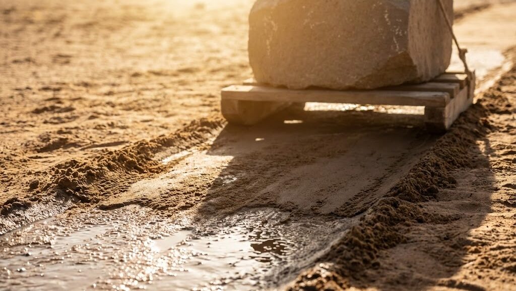 湿らせた砂の上を石を積んだソリが滑る様子を表現した実写風イメージ。摩擦を減らす古代の工夫を示す