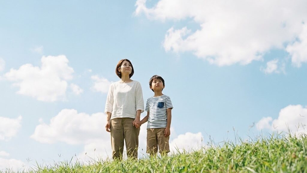 空を見上げる日本人親子の姿から、地震予言ではなく科学的根拠に基づいて未来を考える大切さを表した風景