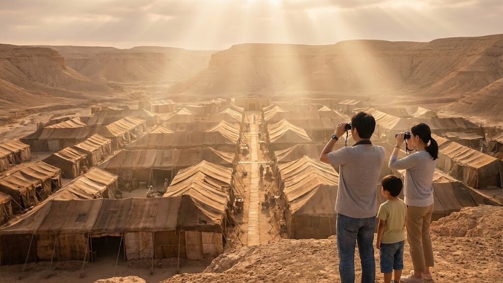 整然と並ぶ労働者の居住区をイメージした砂漠の都市計画の様子を遠景で観察する日本人家族の実写風イメージ。