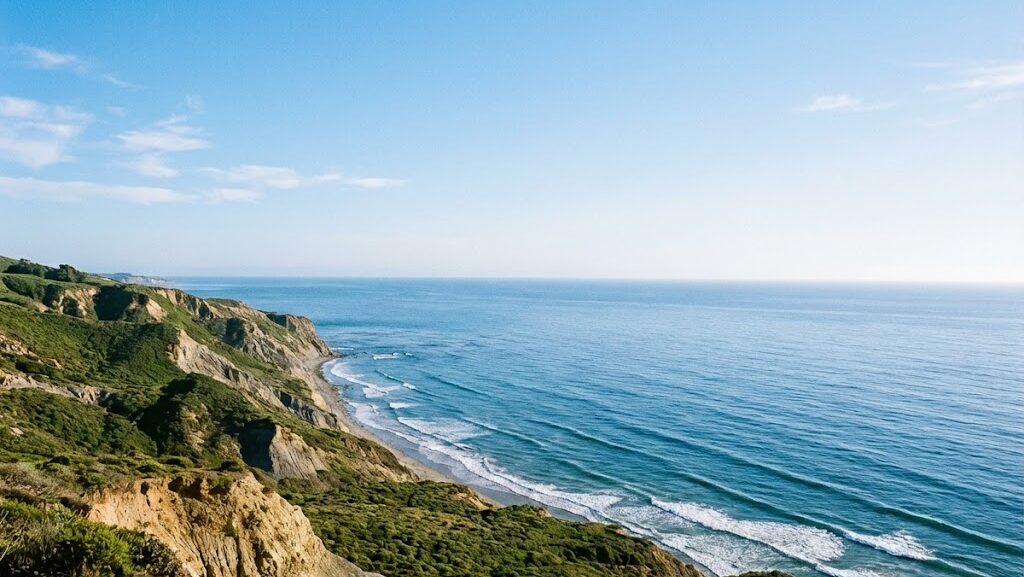 太平洋を望む海岸線を高所から見た風景で、南海トラフ地震の発生周期と自然のリズムを感じさせるイメージ